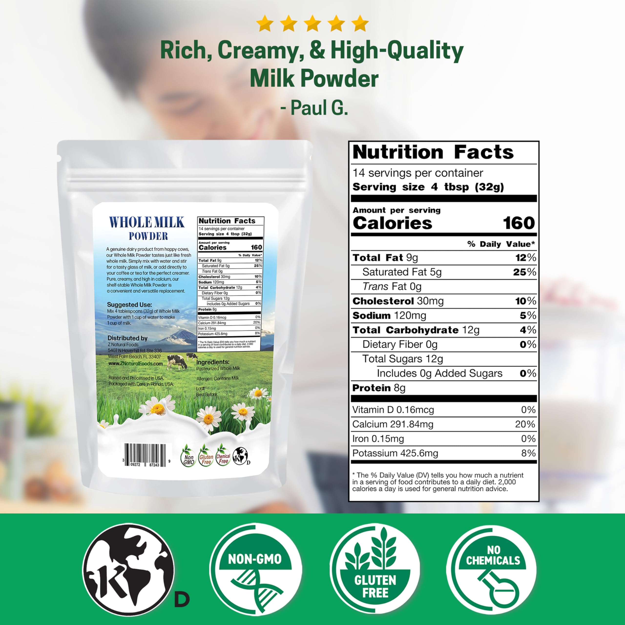 Z Natural Foods canister with a scoop above a measuring cup for baking and cooking.