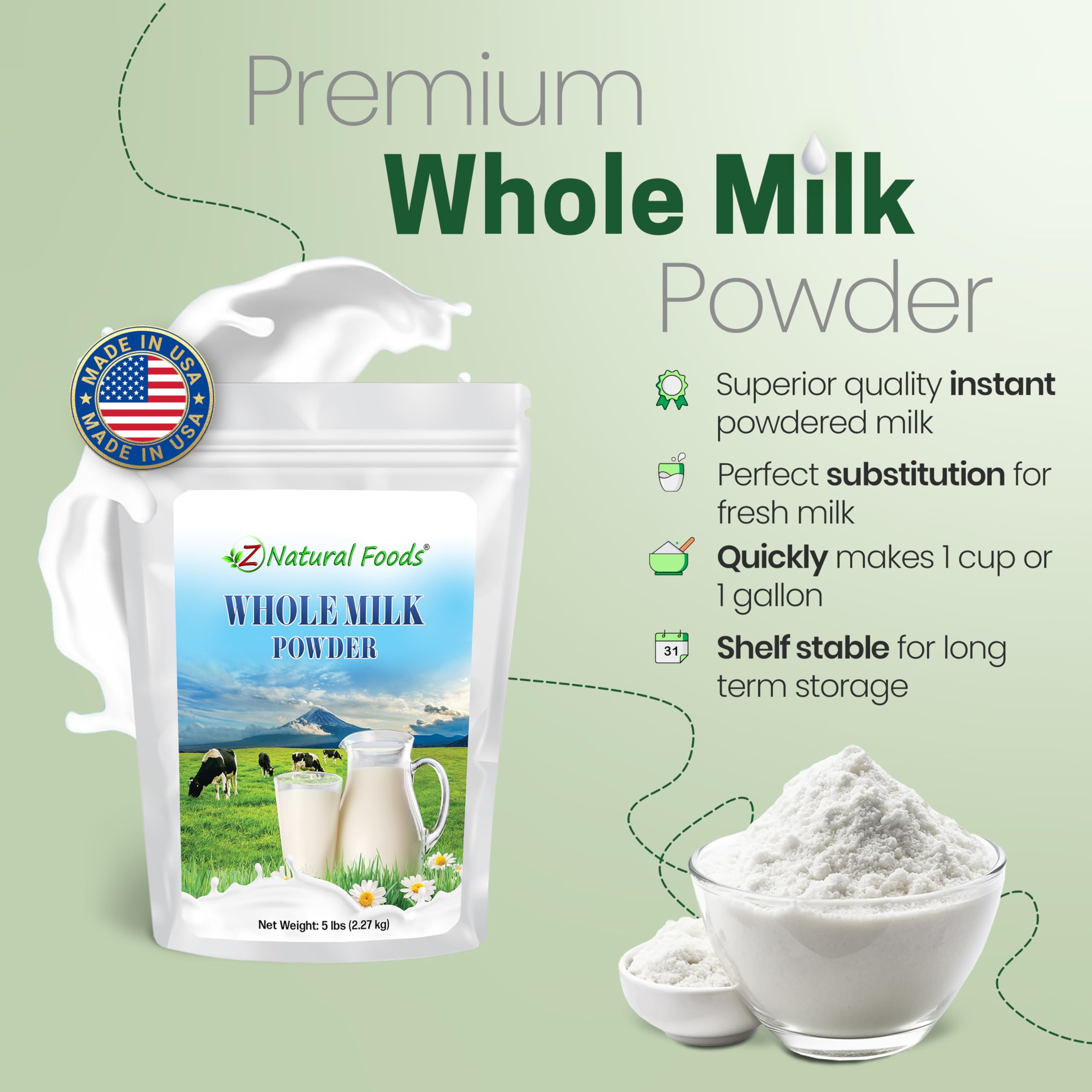 Measuring cup with Z Natural Foods powder showing reconstitution ratio