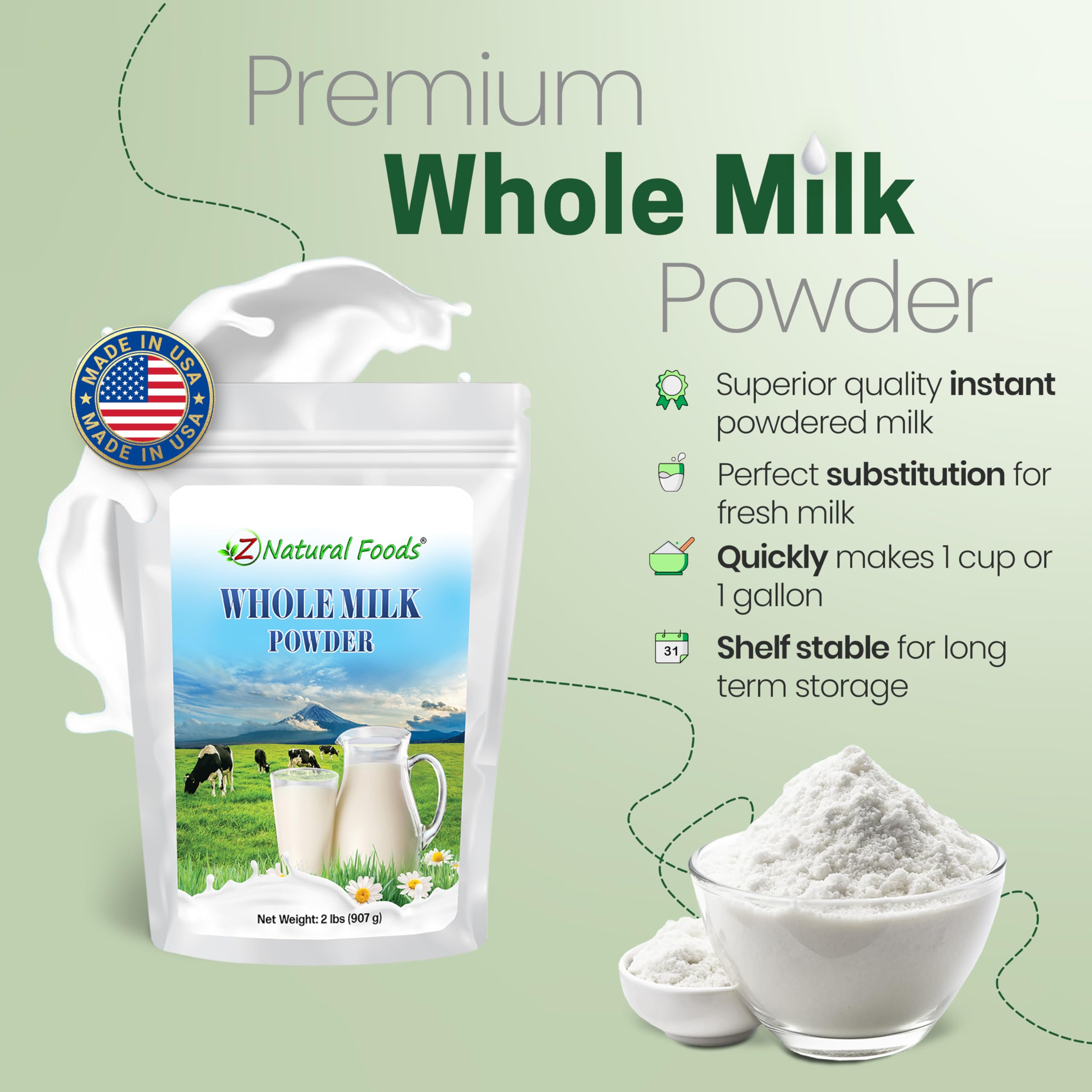 Pouring Z Natural Foods milk powder into a mug for a rich cup.