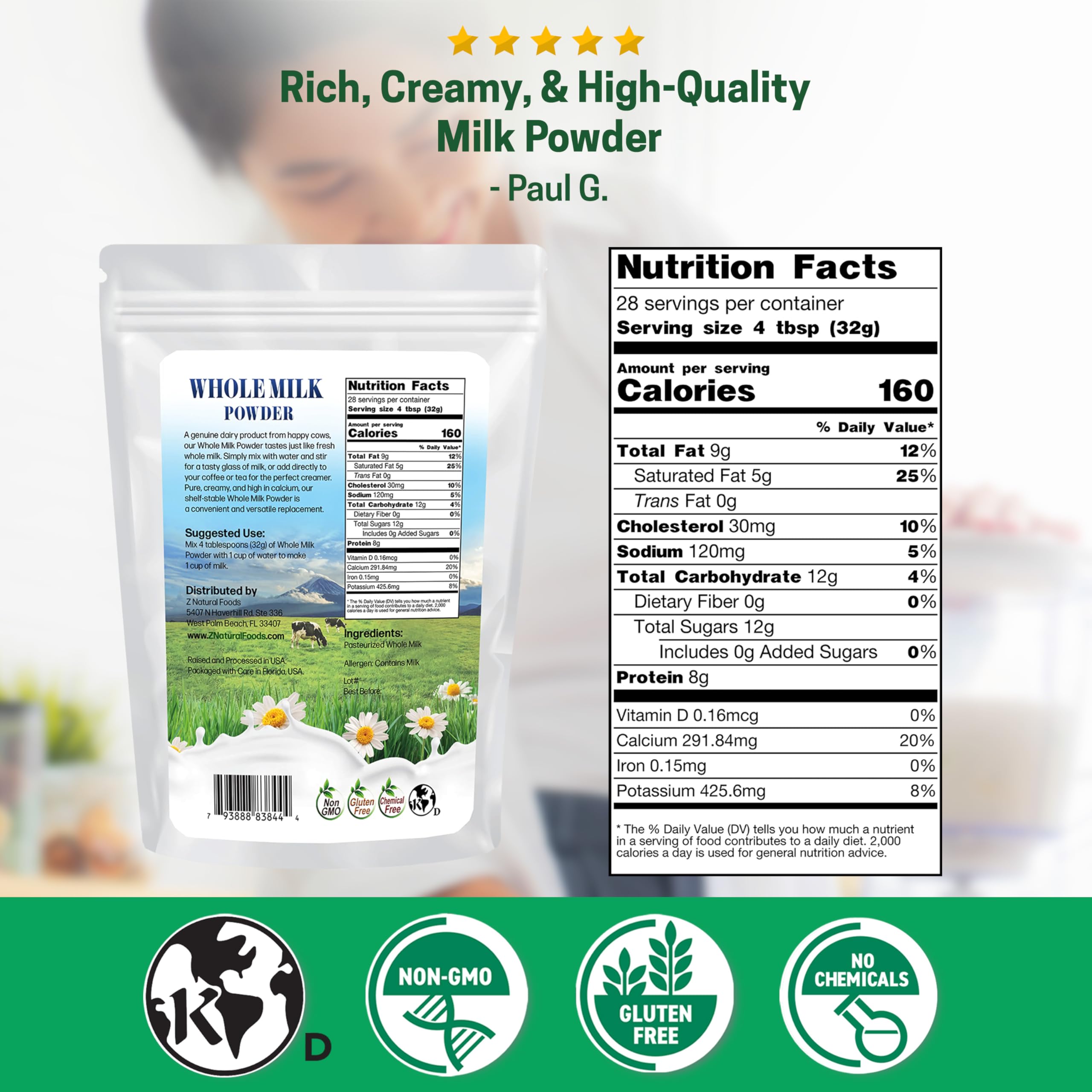 Z Natural Foods milk powder scoop for quick reconstitution and creamy beverages.