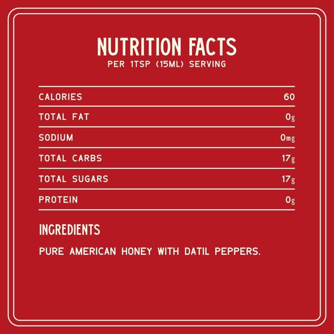 Zab's Hot Honey bottle label closeup highlighting Datil peppers and floral notes