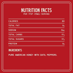 Zab's Hot Honey bottle label closeup highlighting Datil peppers and floral notes
