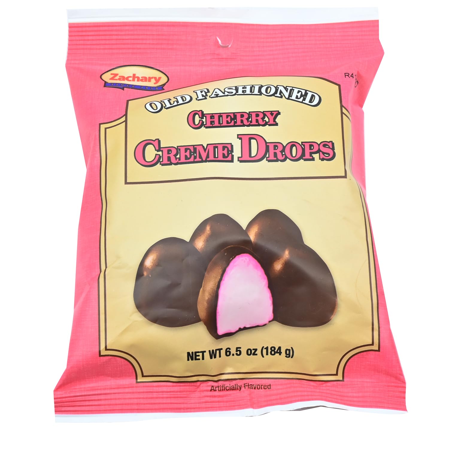 Zachary Old Fashioned Cherry Creme Drops bag shows chewy cherry candy with creamy center for a nostalgic treat.