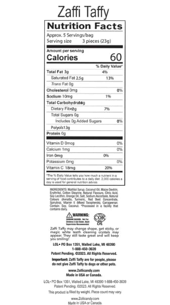 Zaffi Taffy with dye-free ingredients and natural flavors for kid-friendly snacking.