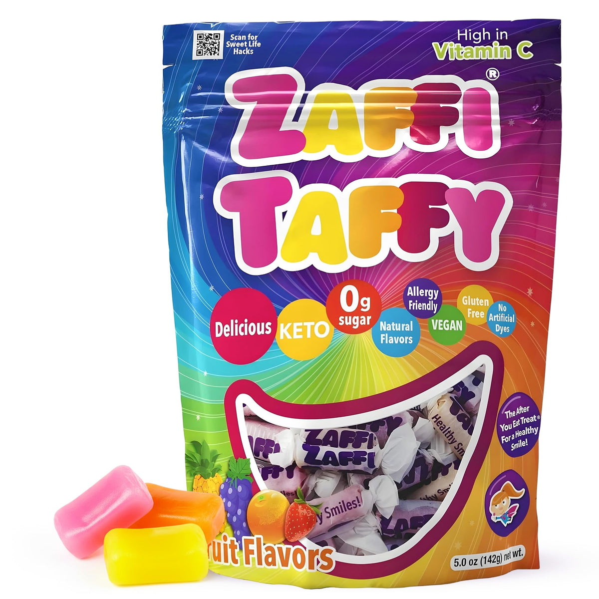 Zaffi Taffy fruity flavor in bag for a bright, smile-friendly snack