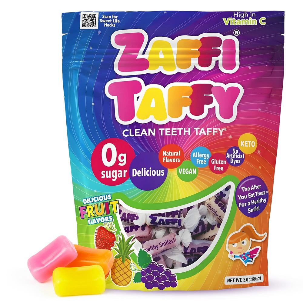 Zaffi Taffy fruity sugar-free candy pack for on-the-go smiles and clean teeth.
