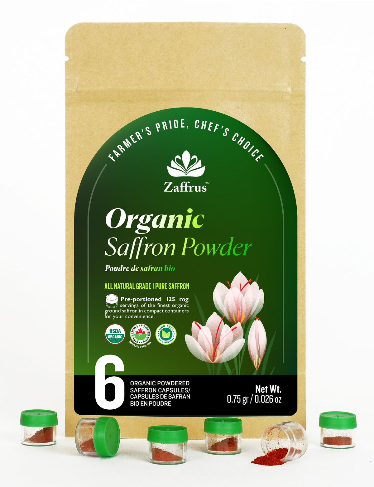 Zaffrus organic saffron powder in a single-serve pod for quick flavor boost