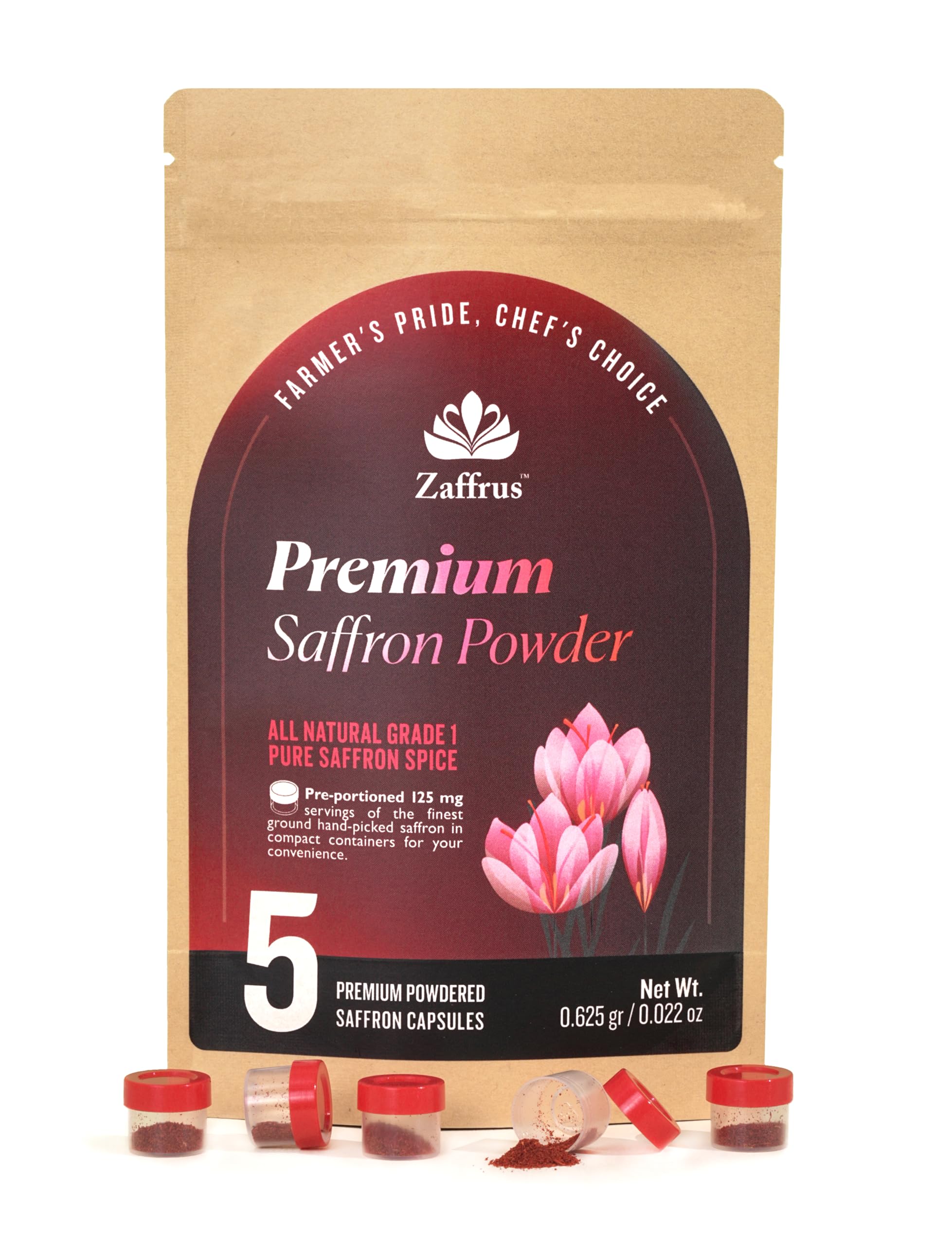 Zaffrus saffron capsule pack with 125 mg per serving for quick cooking.