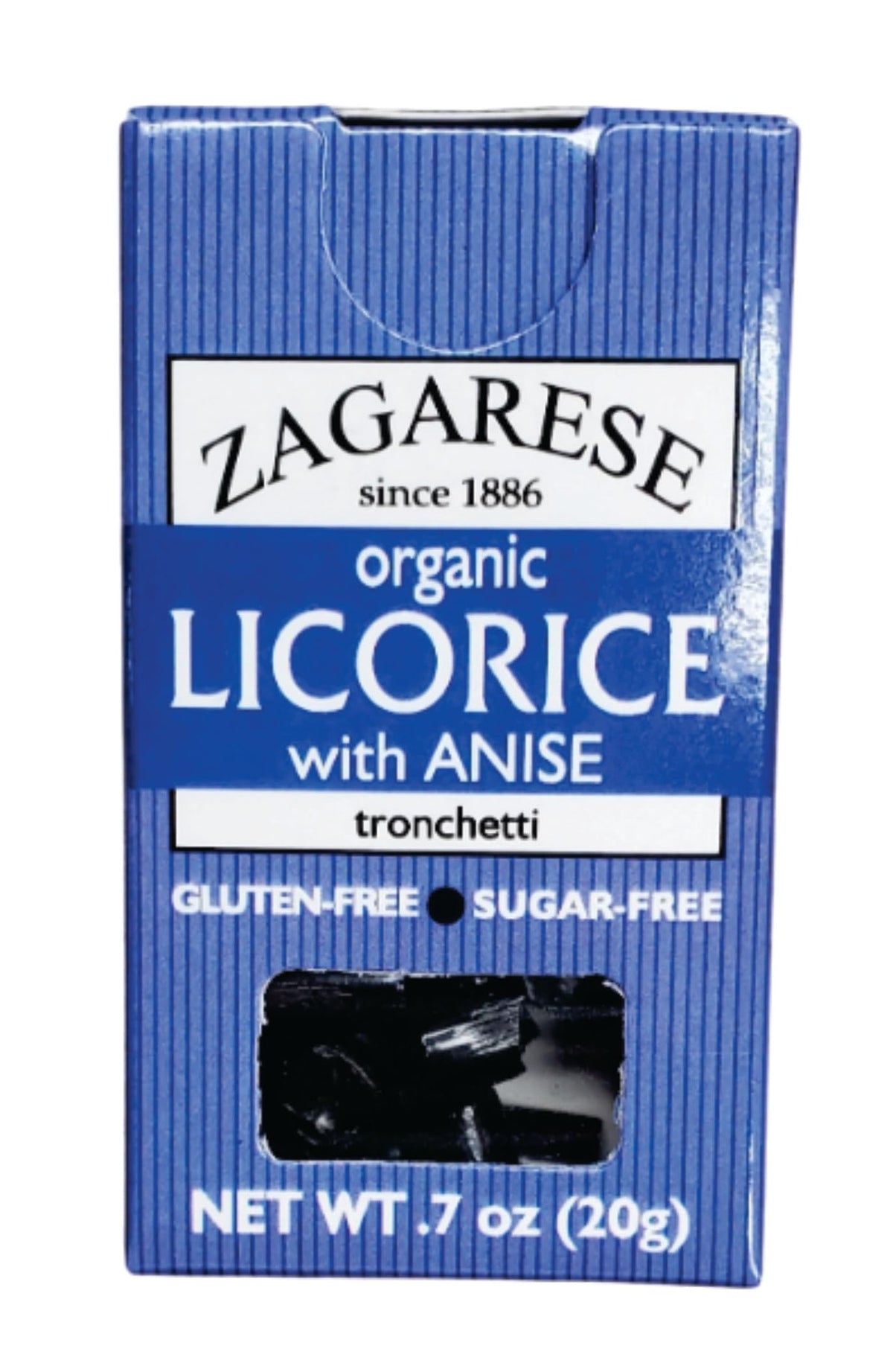 Zagarese organic licorice flip-top box front view for on-the-go snacking