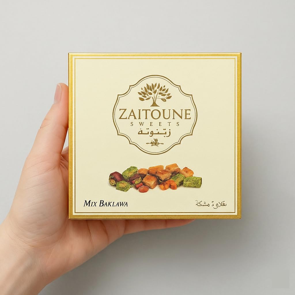 Zaitoune baklava closeup cashews—crisp phyllo and rich nut flavor.