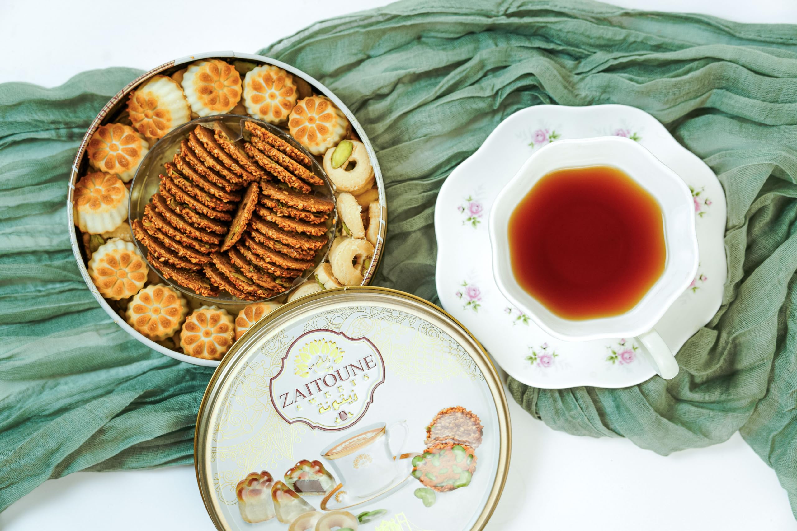 Zaitoune gift tin packaging showcasing Middle Eastern cookies