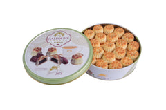 Zaitoune Maamoul Date Cookies tin open, elegant contents revealed.
