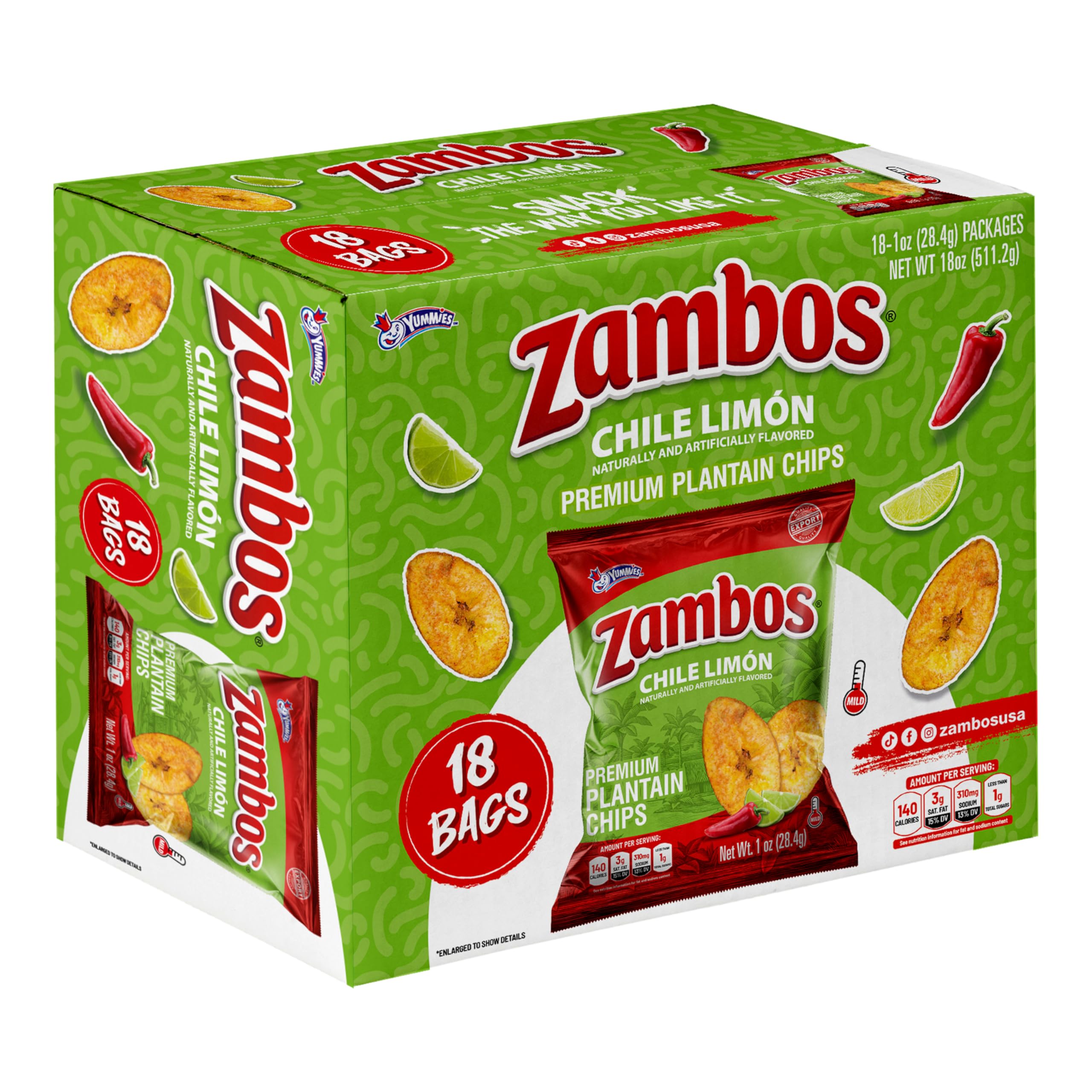 Zambos Chile Limón Plantain Chips 1 oz bag highlights bold chili lime flavor for on-the-go snacking.