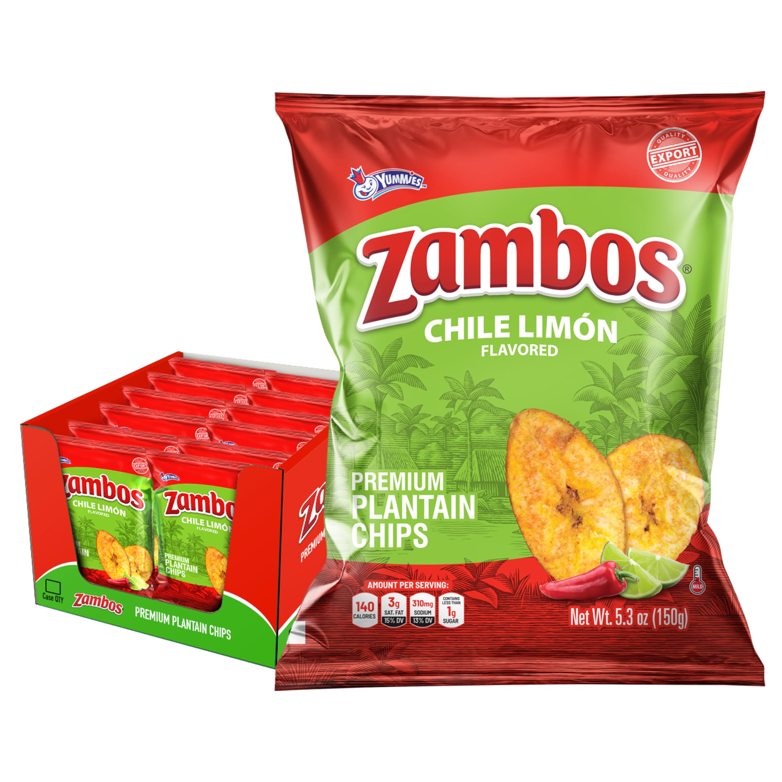 Zambos Chile Limón Plantain Chips bag front with bold flavor teaser for gatherings.