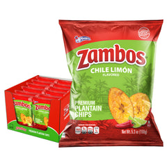Zambos Chile Limón Plantain Chips bag front with bold flavor teaser for gatherings.