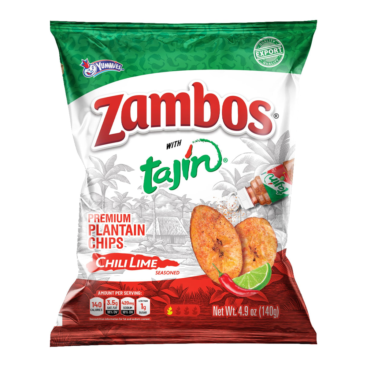 Zambos Tajin plantain chips bag closeup showing bold lime chile flavor