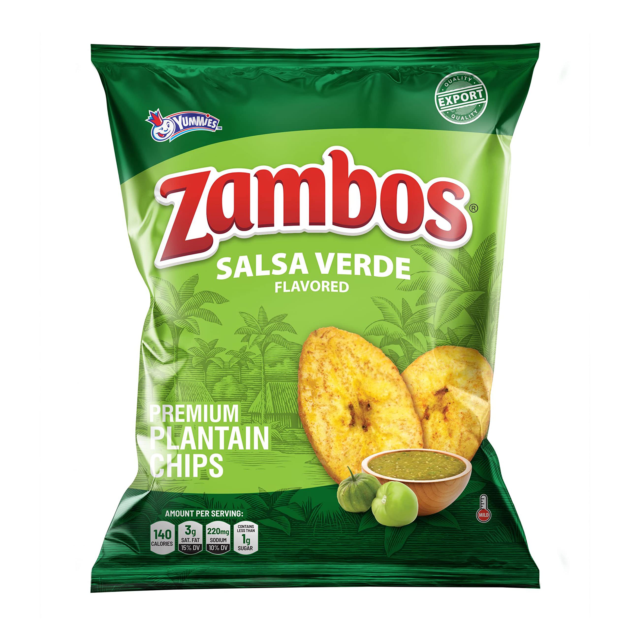 Zambos Salsa Verde Plantain Chips bag front for on the go snacking