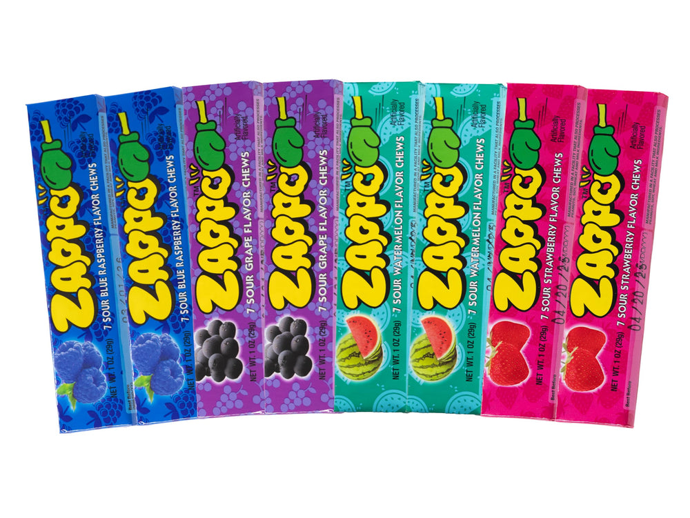Zappo Sour Chews mixed pack front view, eight sticks ready for sharing.