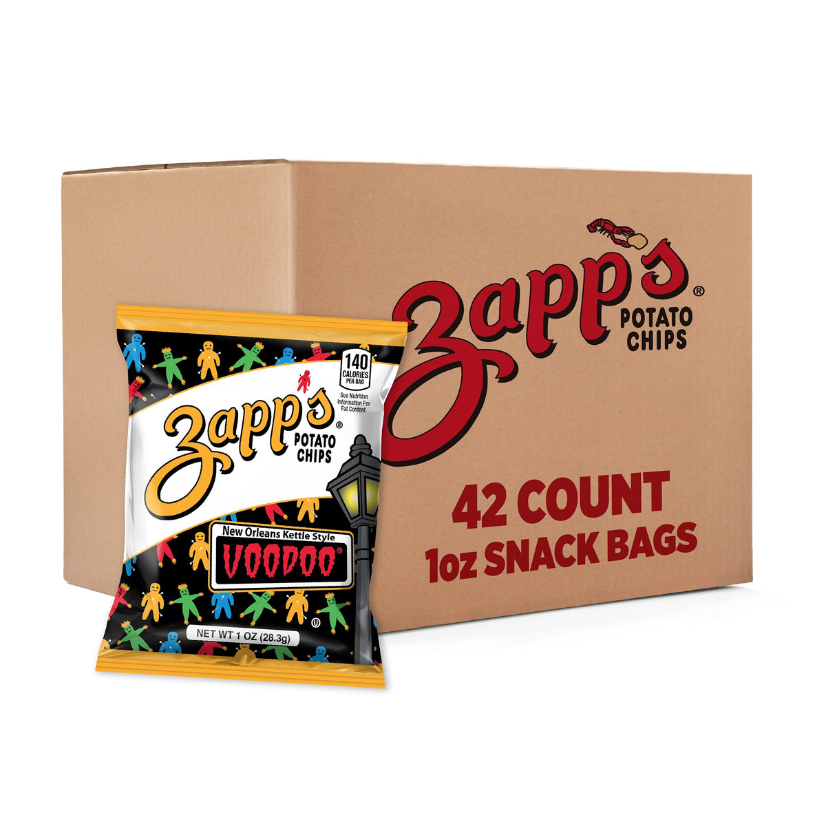 Zapp's New Orleans Voodoo Chips crunch close-up, bold kettle-style texture.