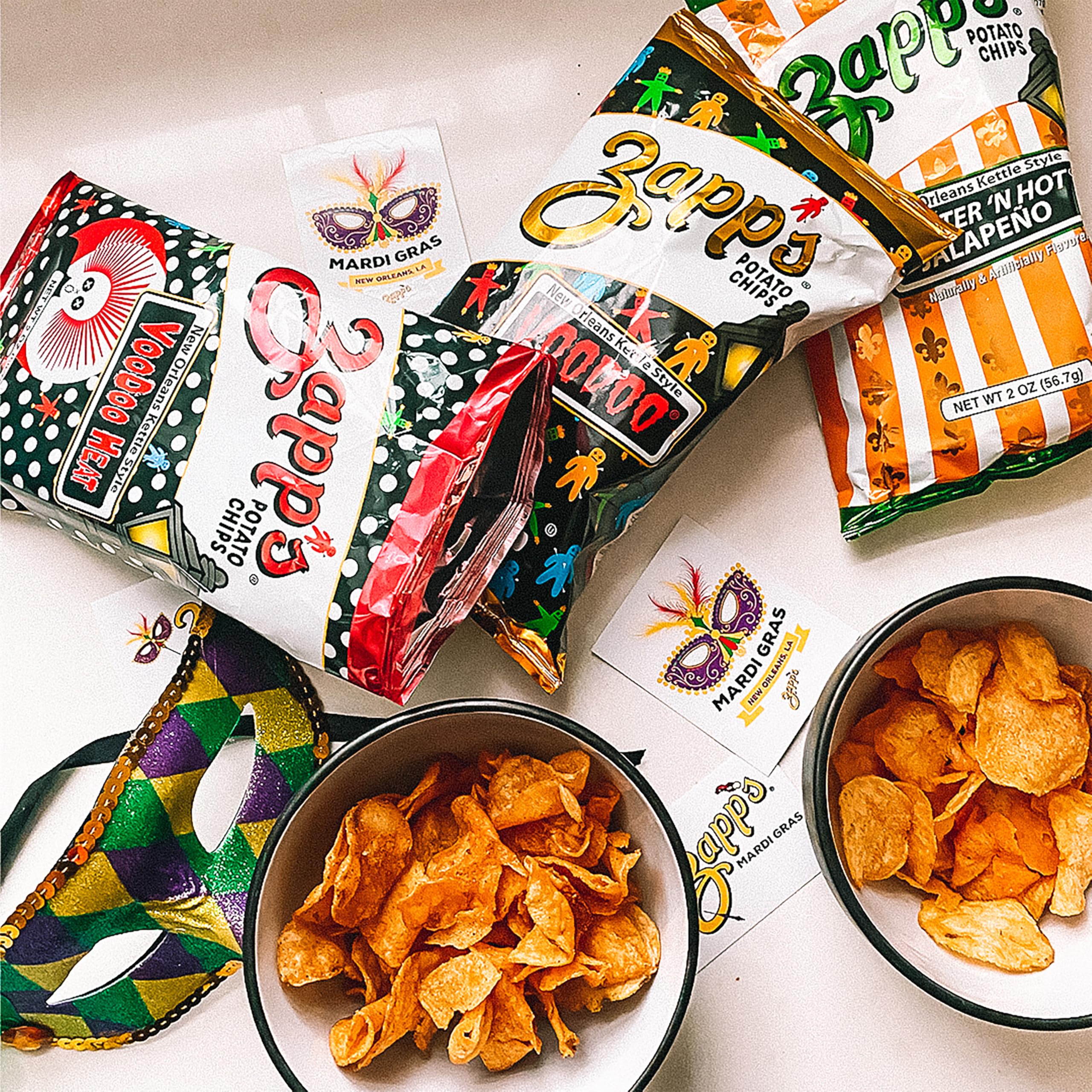 Zapp's Voodoo chips kettle-style, thick slices for hearty crunch.