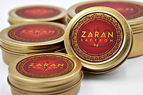 Zaran Saffron golden tin packaging; premium presentation keeps freshness for gifting.