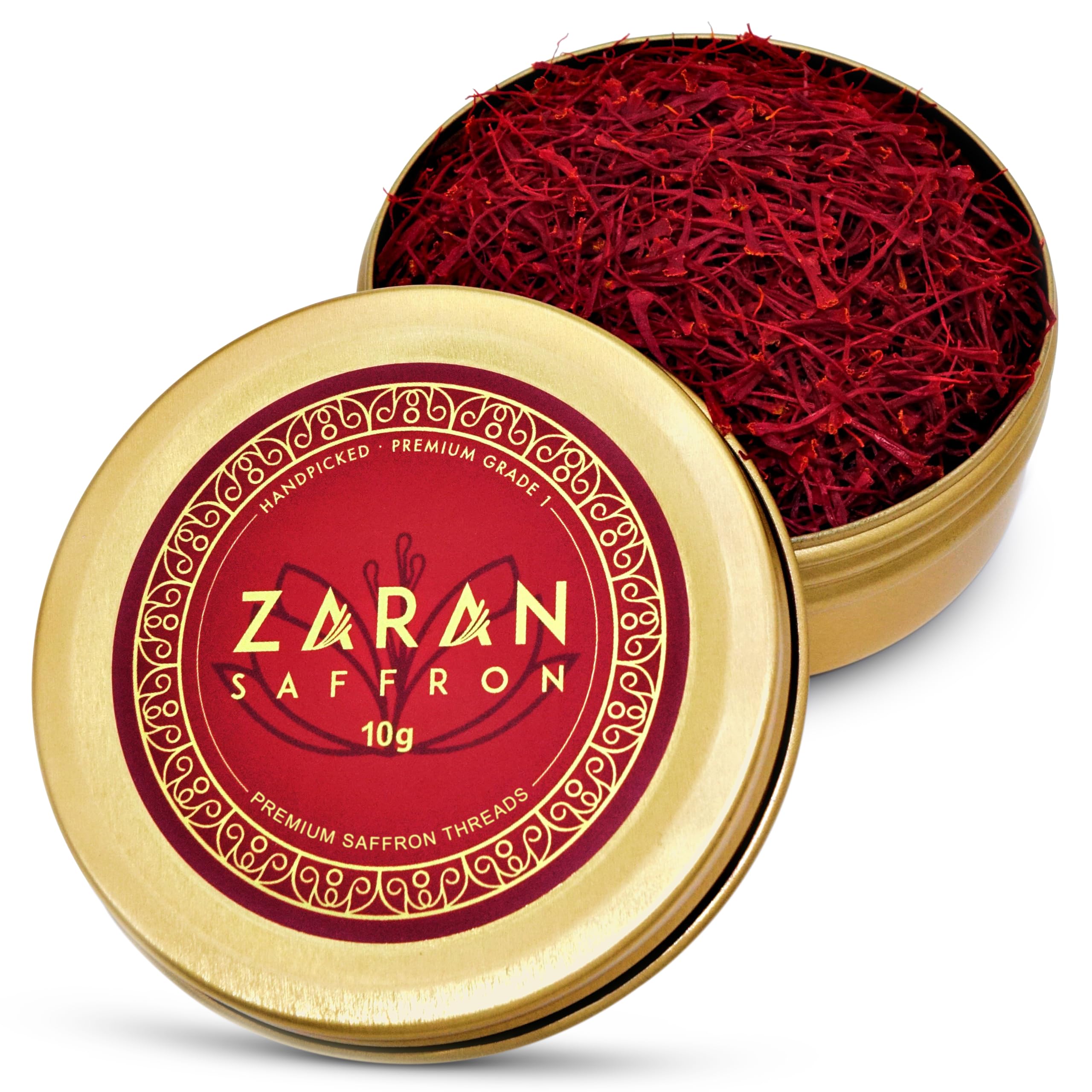 Zaran Saffron packaging in a golden tin, ideal as a gift for food lovers.