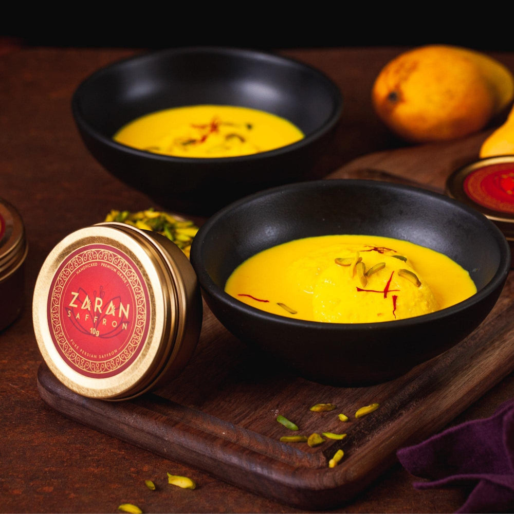 Zaran Saffron tin with golden label, premium presentation.
