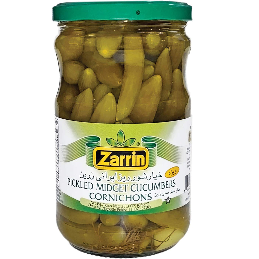 Zarrin Midget Pickled Cucumbers in a glass jar showing crisp bite