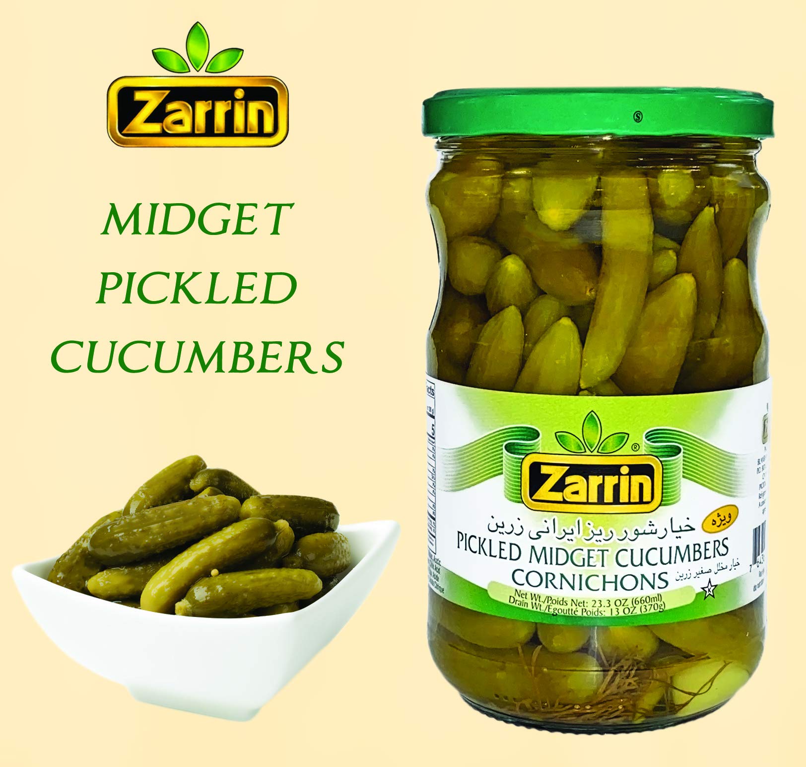 Grocery shelf display of Zarrin Midget Pickled Cucumbers