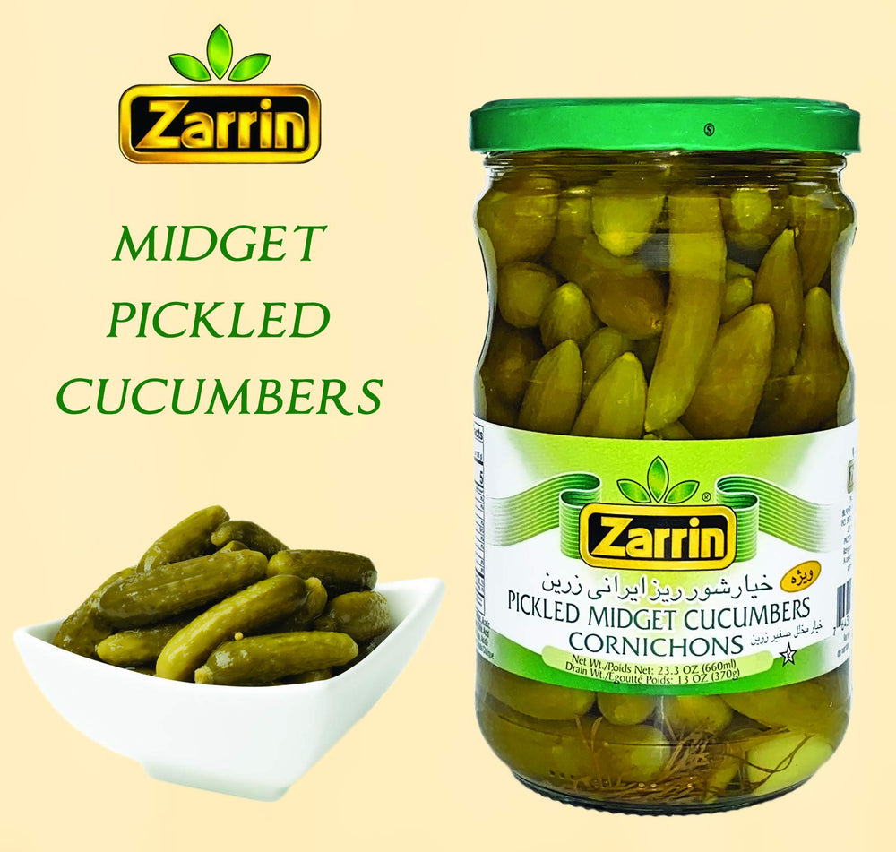 Grocery shelf display of Zarrin Midget Pickled Cucumbers