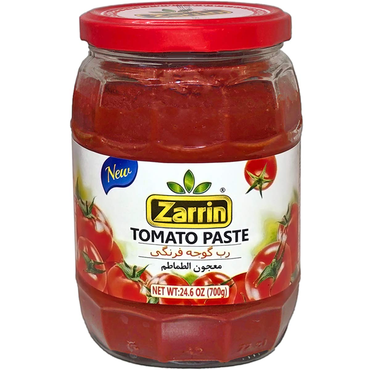 Zarrin tomato paste glass jar back label indicating origin and quality for Turkish cooking