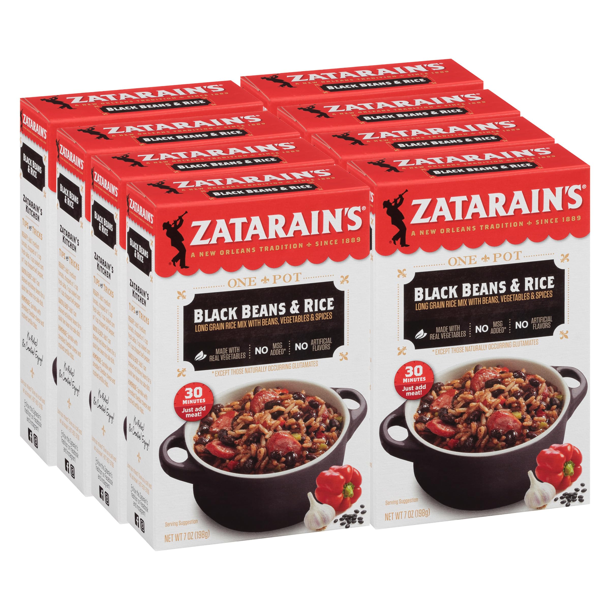 Zatarain's Black Beans & Rice 8-pack front view, ideal for quick meals.