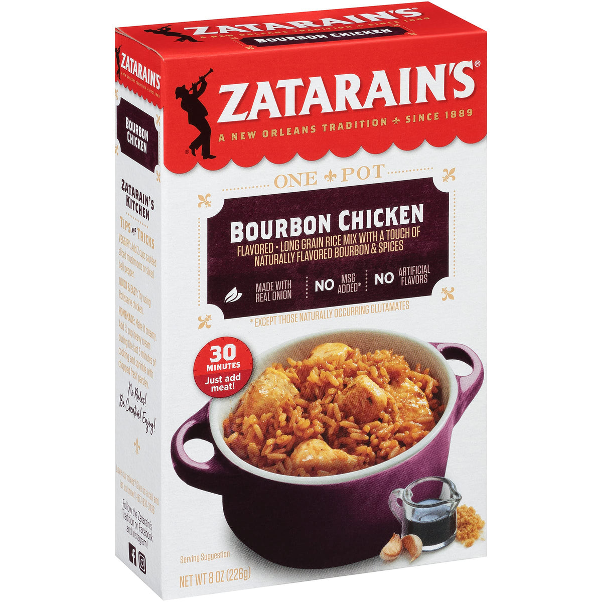 Zatarain's Bourbon Chicken Flavored Rice box front showing ready-to-prepare New Orleans inspired dinner