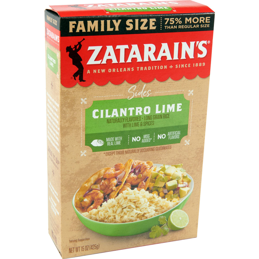 Zatarain's Cilantro Lime Rice box front, ready-to-serve side for taco nights.