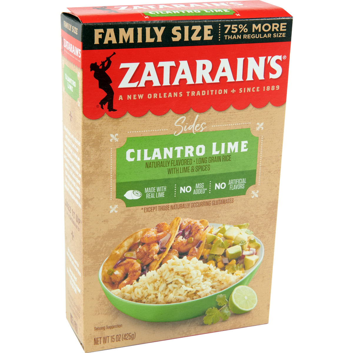 Zatarain's Cilantro Lime Rice box front, ready-to-serve side for taco nights.