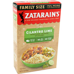 Zatarain's Cilantro Lime Rice box front, ready-to-serve side for taco nights.