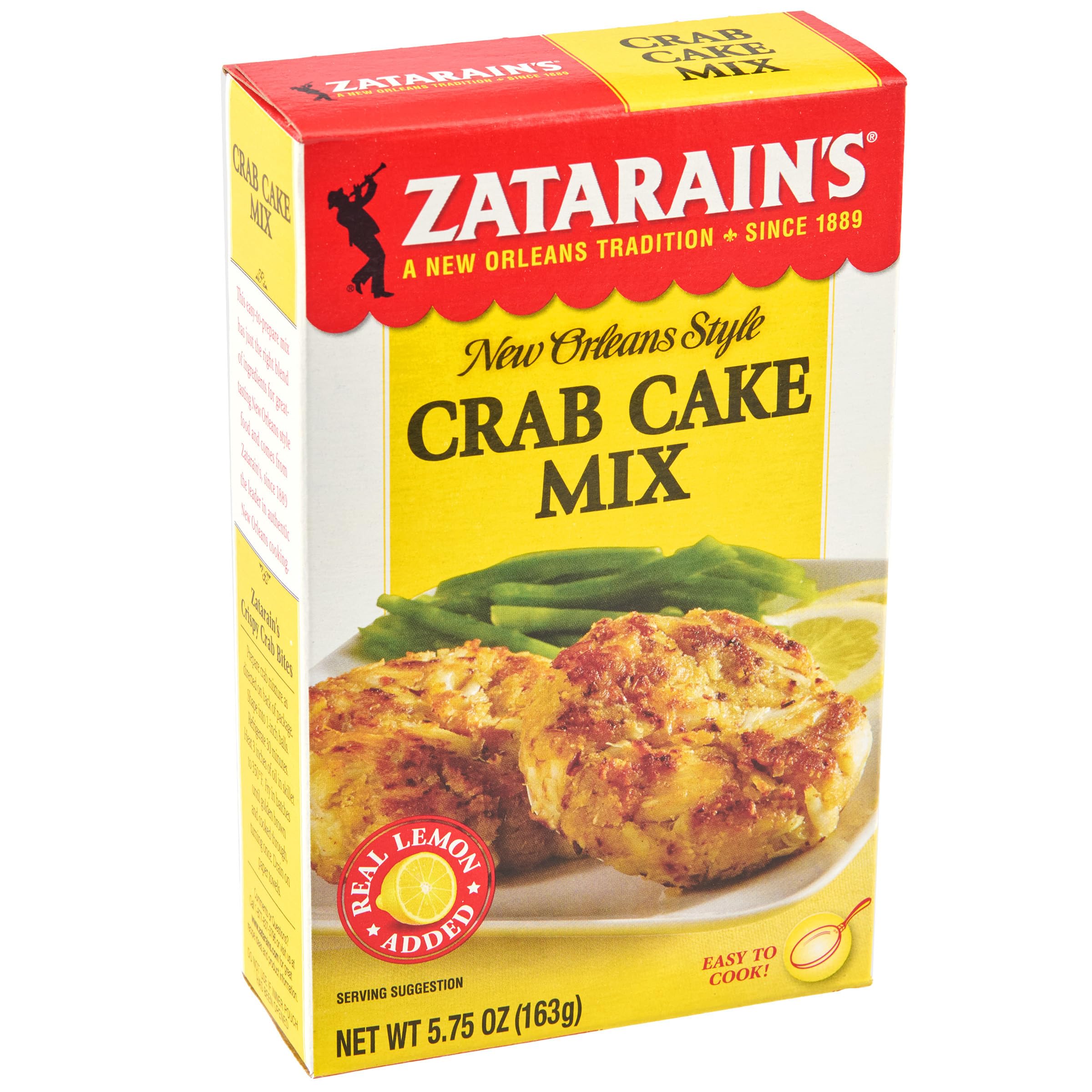 Zatarain's Crab Cake Mix box front, ready-to-use kit for quick seafood appetizers