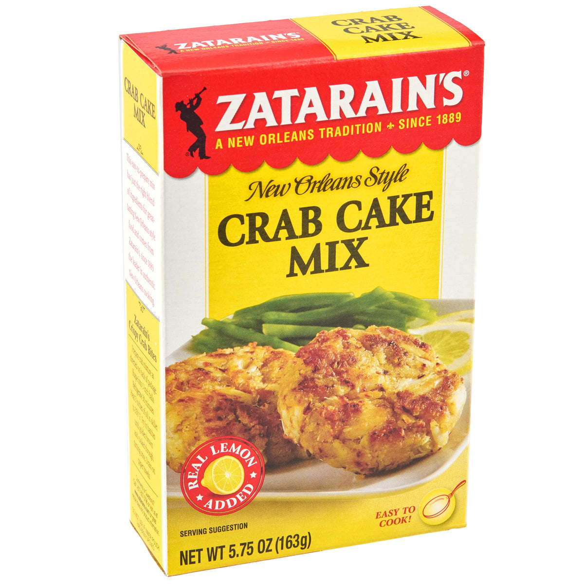 Zatarain's Crab Cake Mix box front, ready-to-use kit for quick seafood appetizers