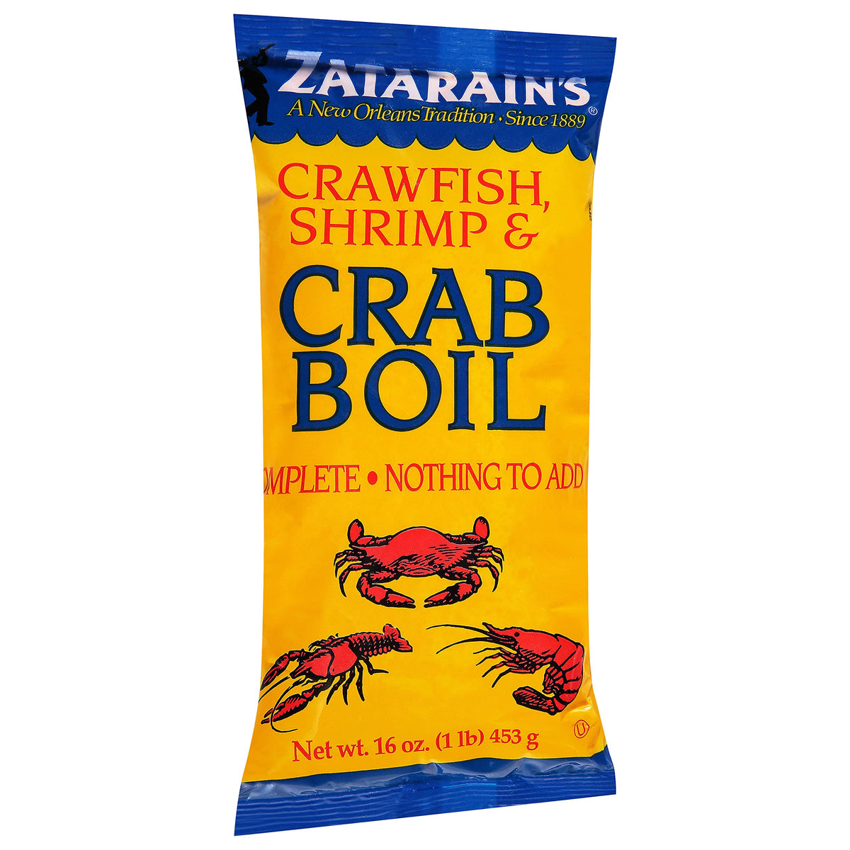 Zatarain's Crawfish, Shrimp & Crab Boil package ready to season seafood with bold flavor.