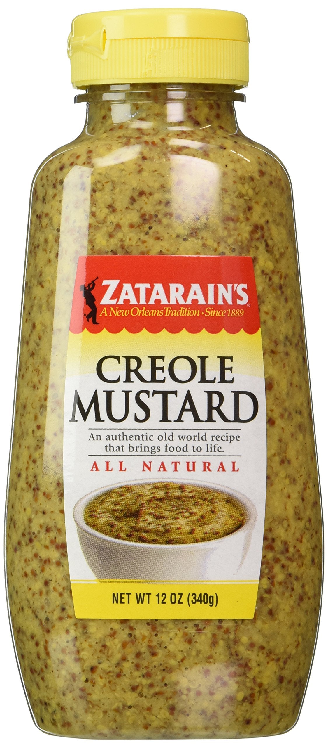 Zatarain's Creole Mustard bottle close-up for bold flavor on sandwiches.