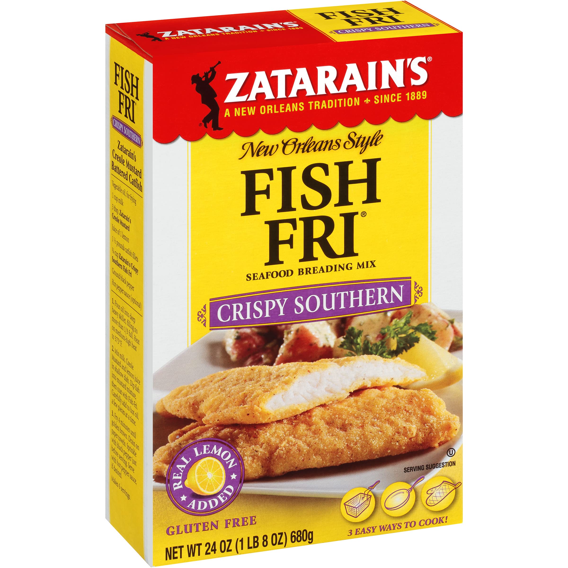 Zatarain's Crispy Southern Fish Fri package front shows authentic Louisiana flavor for home frying.