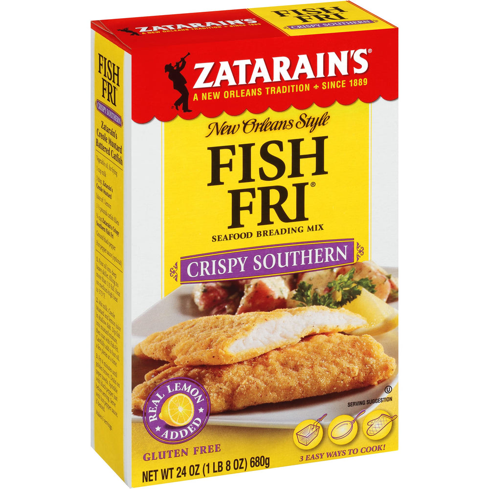 Zatarain's Crispy Southern Fish Fri package front shows authentic Louisiana flavor for home frying.