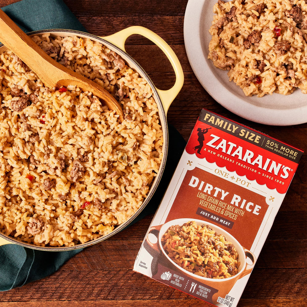 Family size Zatarain's Dirty Rice served in a large bowl for nine servings