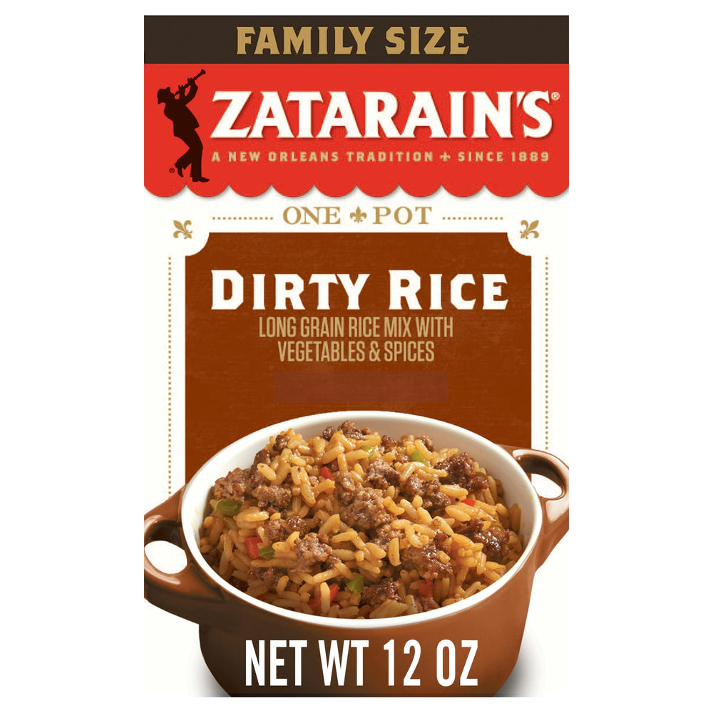 Zatarain's Dirty Rice Mix box front showing Louisiana flavor inspiration for easy weeknight dinners