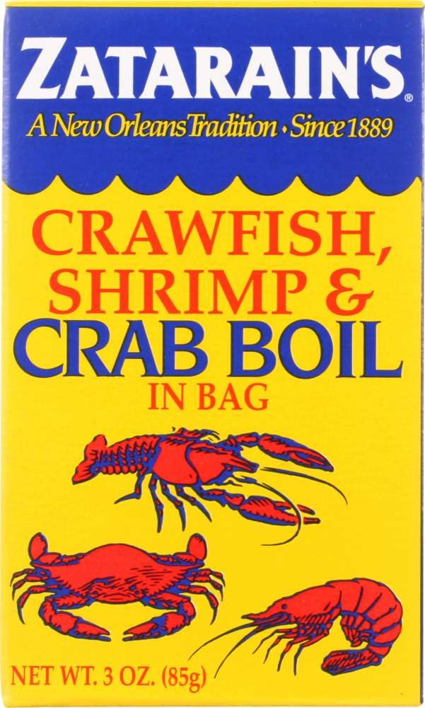 Zatarain's Dry Crab Boil six-pack packaging shown for easy seafood boils.