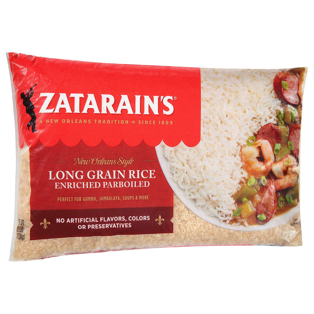 Zatarain's enriched parboiled long grain rice packaging focuses on US-grown, non-GMO quality.