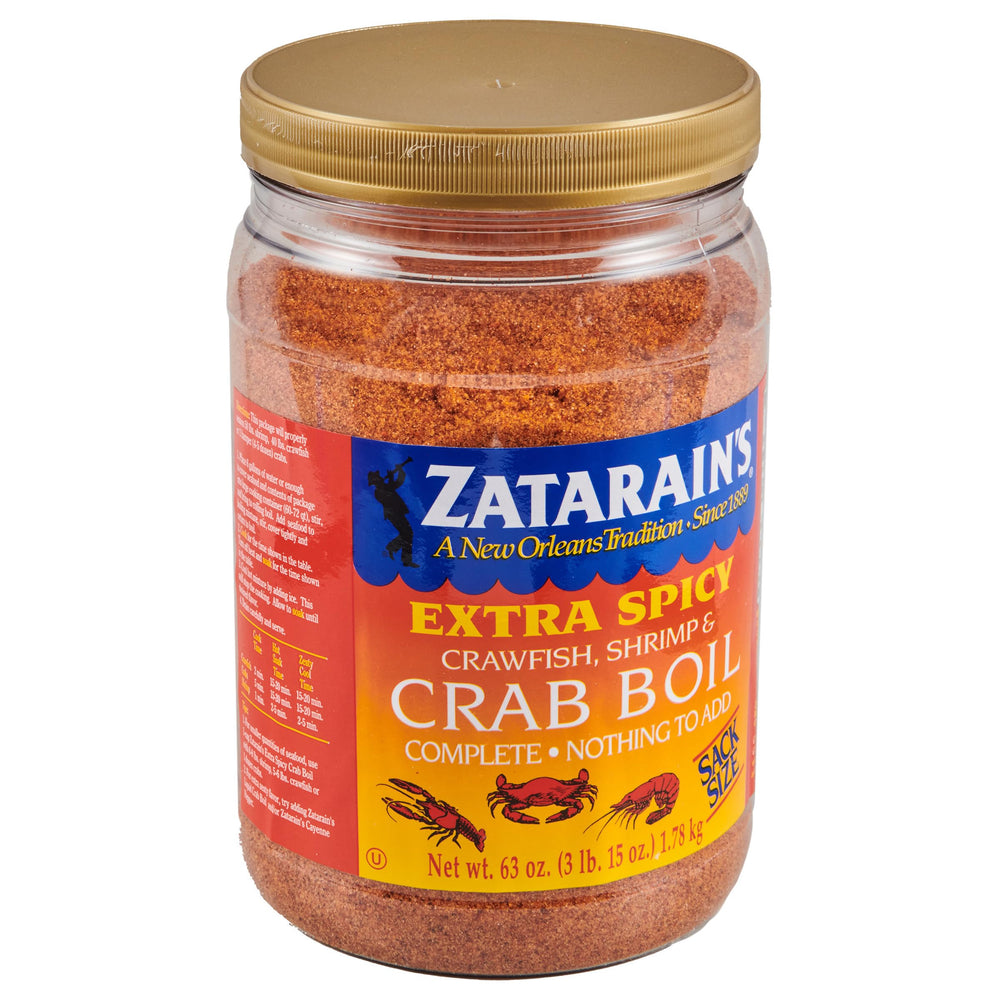 Zatarain's Extra Spicy Crawfish, Shrimp & Crab Boil bottle label for bold flavor at gatherings.