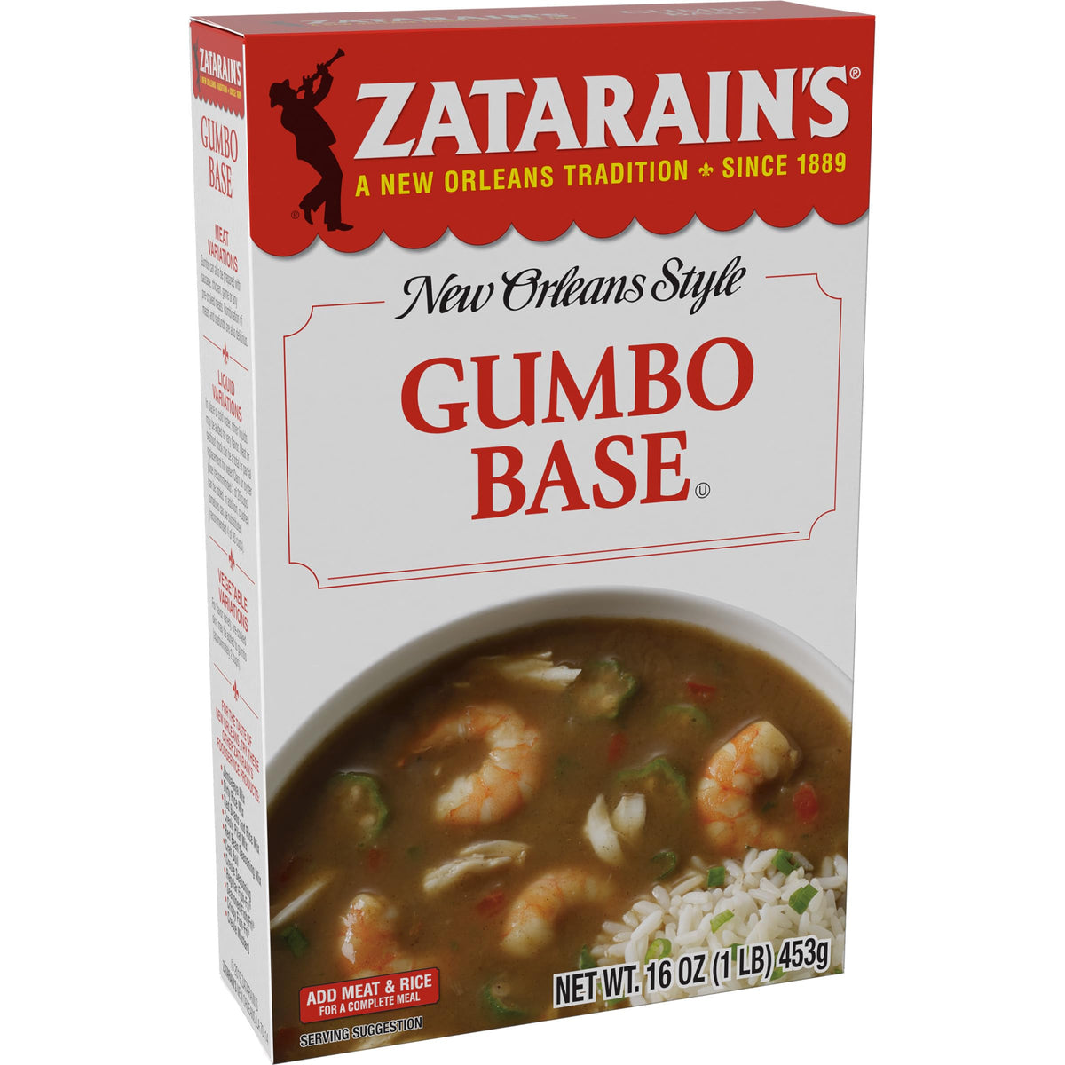 Zatarain's Gumbo Base box front shows ready-to-use mix for quick, flavorful meals.