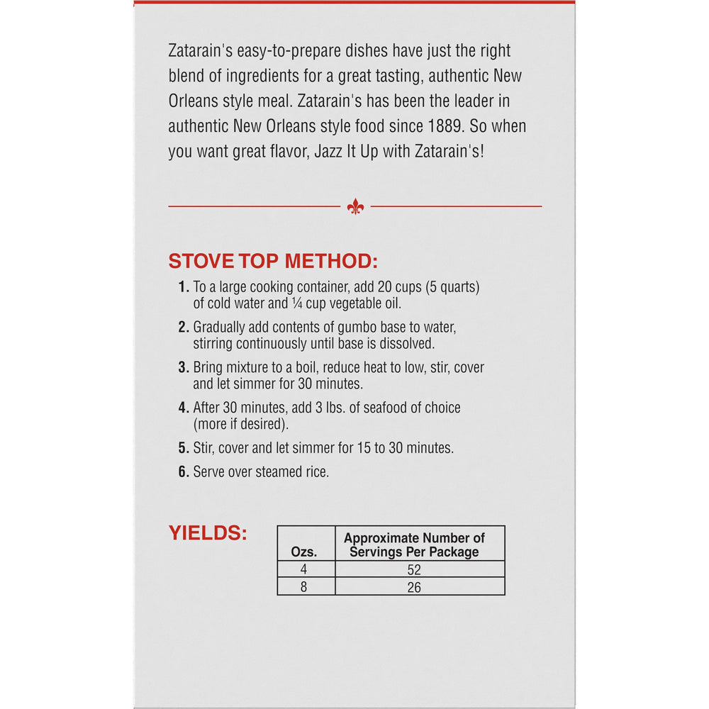 Zatarain's Gumbo Base ingredients photo showcases sassafras leaves for authentic flavor notes.