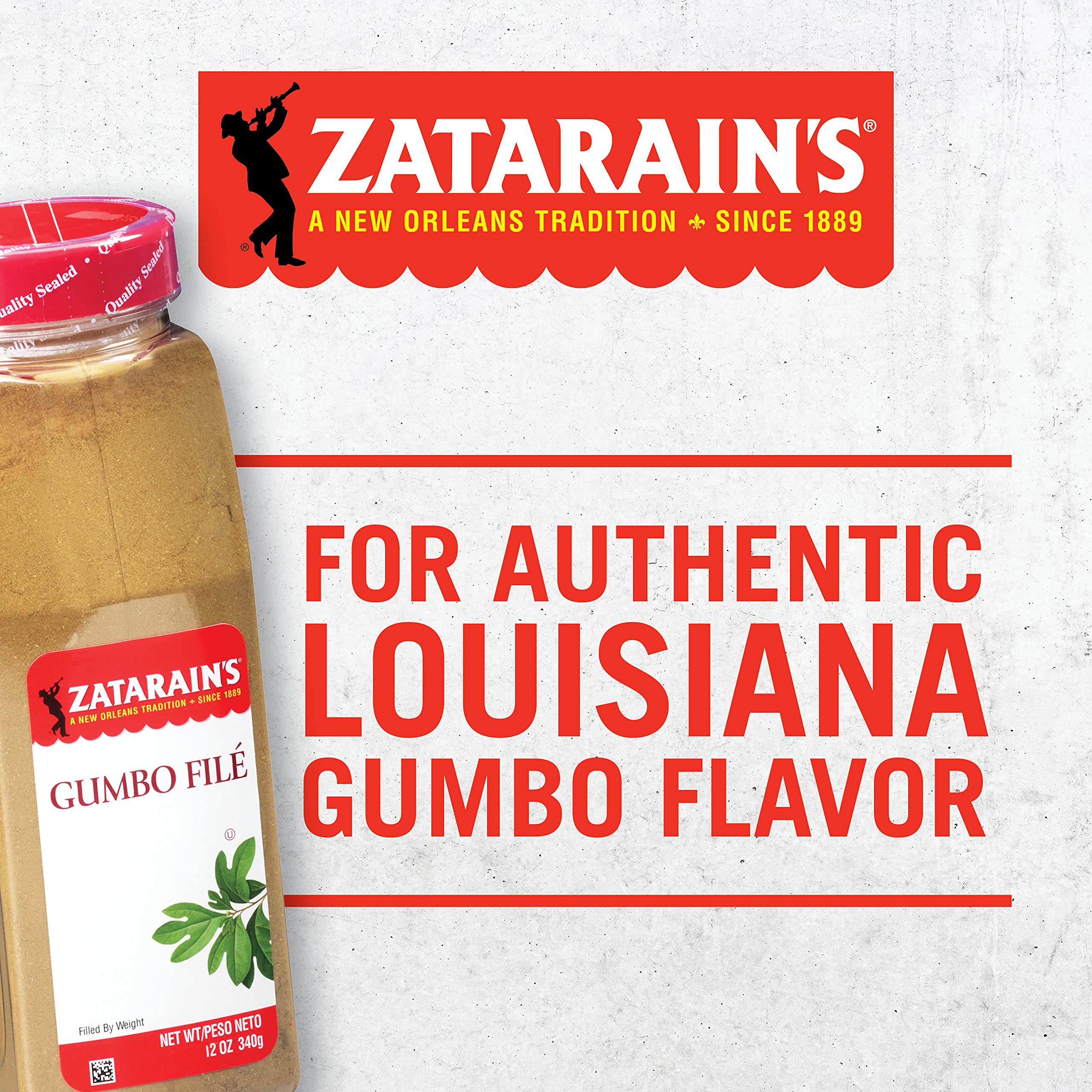 Close-up of Zatarain's Gumbo Filé powder on the jar's side showing thickening potential.